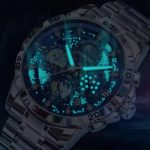 Close-up of the BINBOND Original Men’s Luxury Watch with a silver band, dark dial, and bright luminous hands and markers.