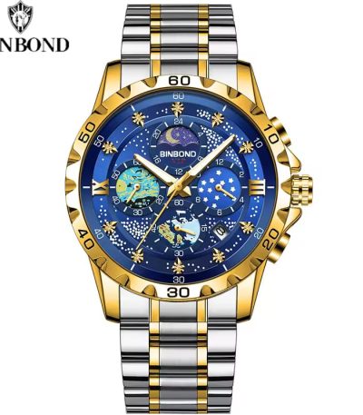 A BINBOND Original Men's Luxury Watch with a two-tone gold and silver band and a detailed blue celestial-themed dial.