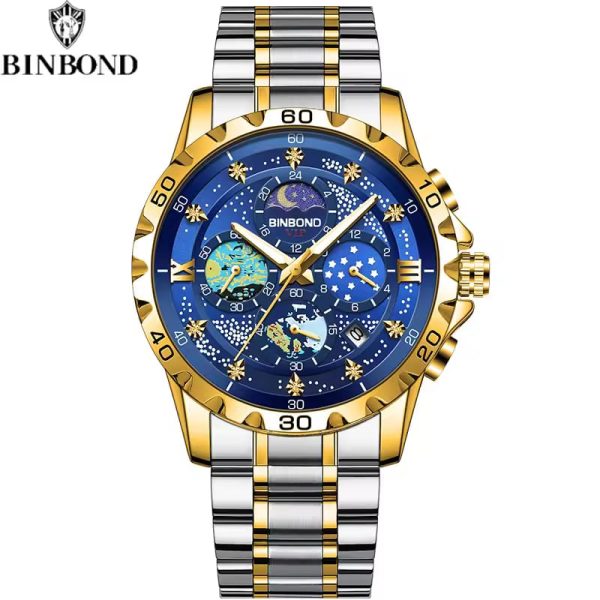 A BINBOND Original Men's Luxury Watch with a two-tone gold and silver band and a detailed blue celestial-themed dial.