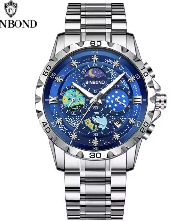 A BINBOND Original Men’s Luxury Watch with a blue celestial-themed dial and a silver-colored stainless steel link bracelet.