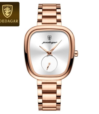 A POEDAGAR 783 female watch featuring a rose gold case and link bracelet with a clean white dial and a small seconds sub-dial.