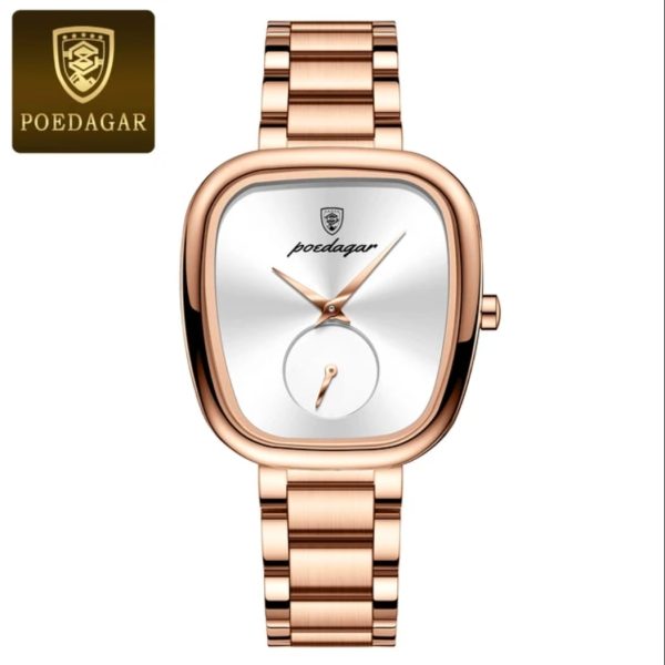 A POEDAGAR 783 female watch featuring a rose gold case and link bracelet with a clean white dial and a small seconds sub-dial.