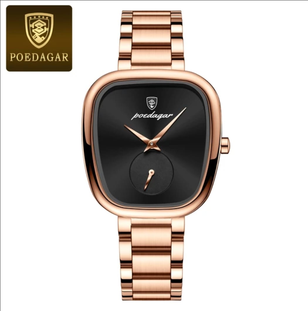 A front view of the POEDAGAR 783 female watch featuring a rose gold case, matching bracelet, and a contrasting black dial.