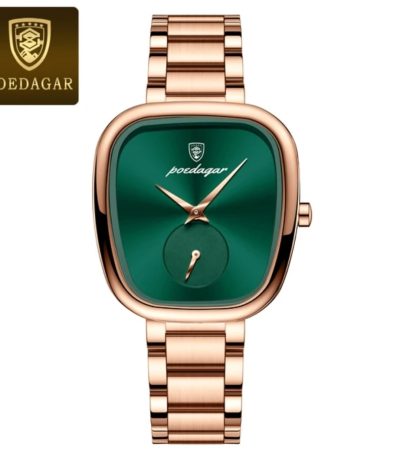 A POEDAGAR female watch with a square green dial, rose gold case, and a matching rose gold link bracelet on a white background.
