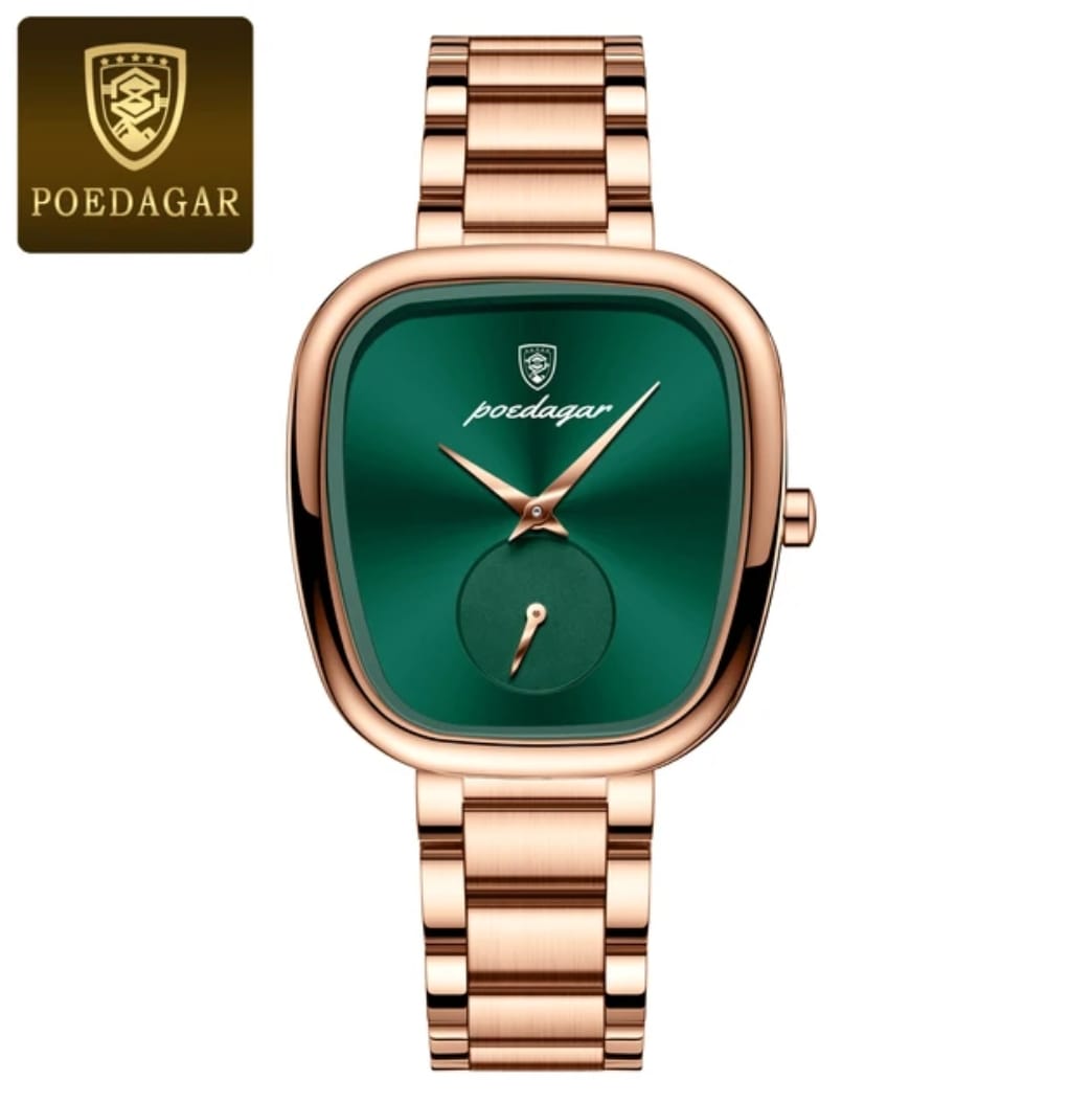A POEDAGAR female watch with a square green dial, rose gold case, and a matching rose gold link bracelet on a white background.