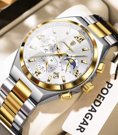 A POEDAGAR 688 luxury business wristwatch with a two-tone silver and gold band, a white dial, and gold-tone details.