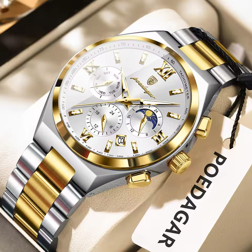A POEDAGAR 688 luxury business wristwatch with a two-tone silver and gold band, a white dial, and gold-tone details.