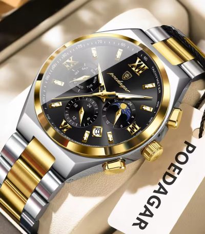 A POEDAGAR 688 luxury business wristwatch shown at an angle, featuring a two-tone gold and silver band and a black dial.