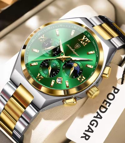 A POEDAGAR 688 luxury business watch with a striking green dial, gold and silver two-tone stainless steel band, and multiple subdials.