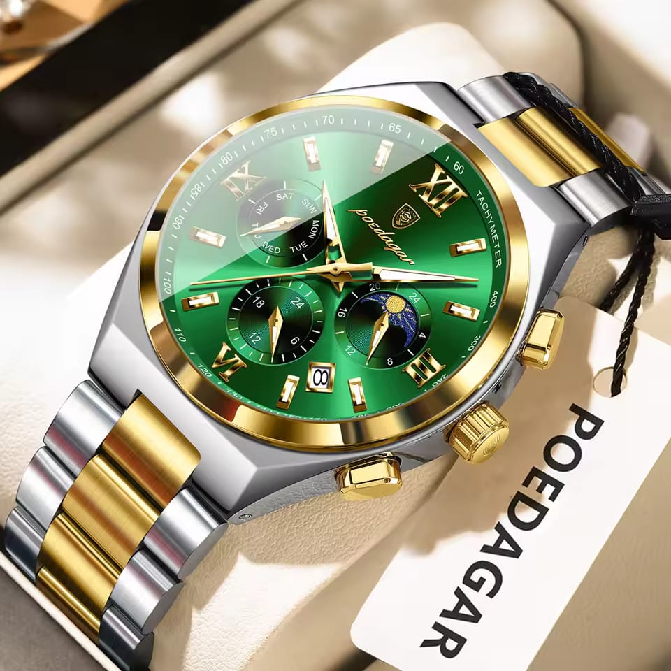 POEDAGAR 688 Luxury Green Dial Wristwatch A POEDAGAR 688 luxury business watch with a striking green dial, gold and silver two-tone stainless steel band, and multiple subdials.