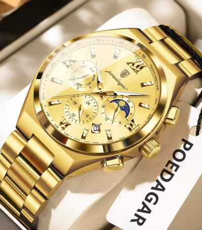 A close-up view of the POEDAGAR 688 luxury business man wristwatch in gold, showing the detailed dial and metal band.