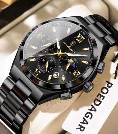 POEDAGAR 688 Luxury Business Man Wristwatch in black with a matching metal band and a black and gold dial with multiple functions.