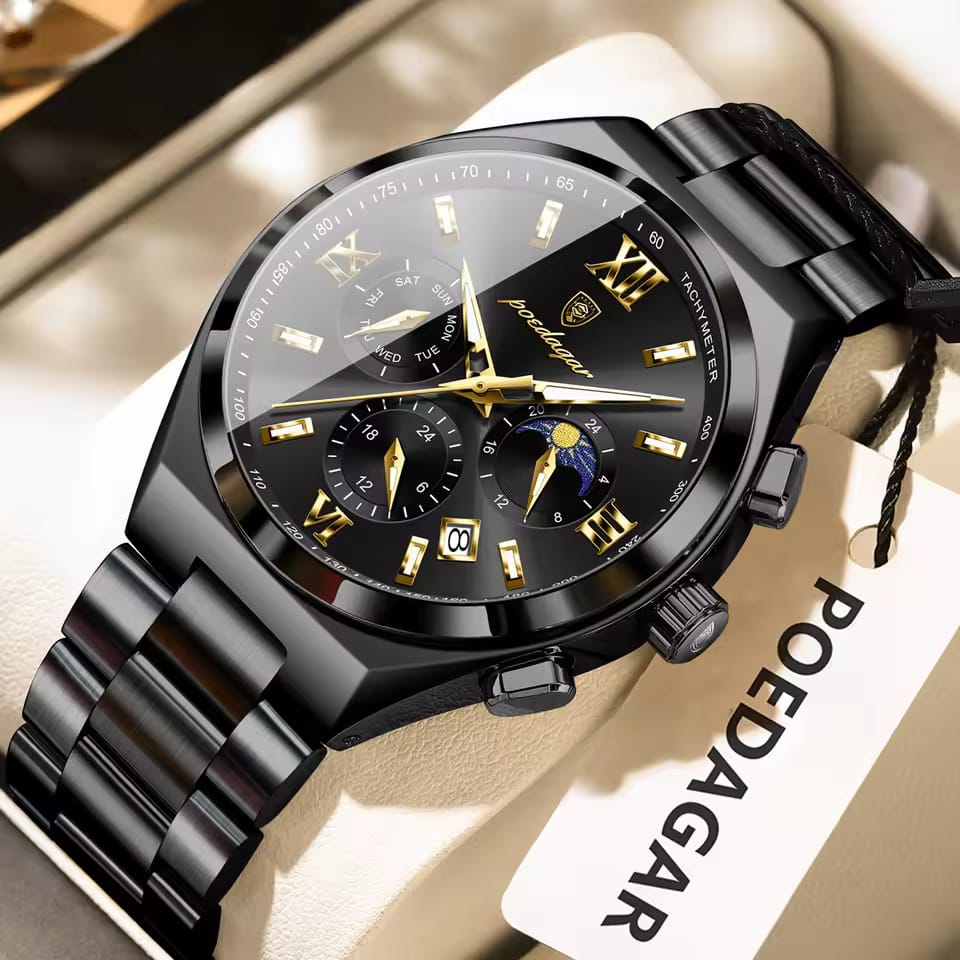 POEDAGAR 688 Luxury Business Man Wristwatch in black with a matching metal band and a black and gold dial with multiple functions.