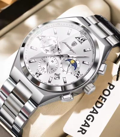A POEDAGAR 688 luxury business wristwatch with a silver stainless steel band and a detailed white dial with three subdials.