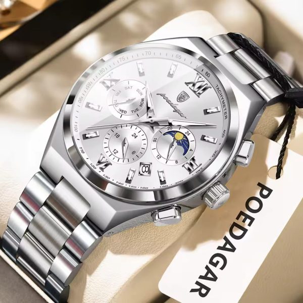 A POEDAGAR 688 luxury business wristwatch with a silver stainless steel band and a detailed white dial with three subdials.