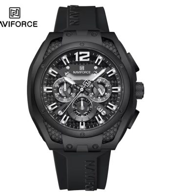 Front view of the NAVIFORCE NF8063 men's quartz chronograph watch, featuring an all-black case and a black silicone strap.