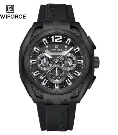 Front view of the NAVIFORCE NF8063 men's quartz chronograph watch, featuring an all-black case and a black silicone strap.