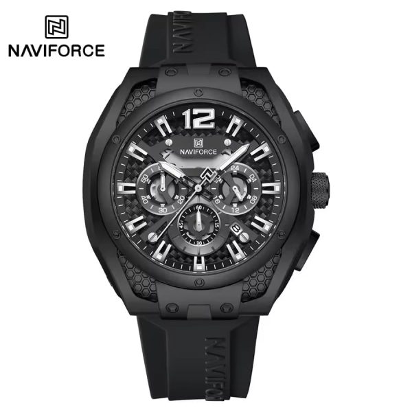 Front view of the NAVIFORCE NF8063 men's quartz chronograph watch, featuring an all-black case and a black silicone strap.