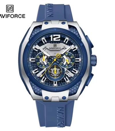 Front view of the NAVIFORCE NF8063 Men’s Quartz Chronograph Watch with a blue dial, silver case, and blue strap.