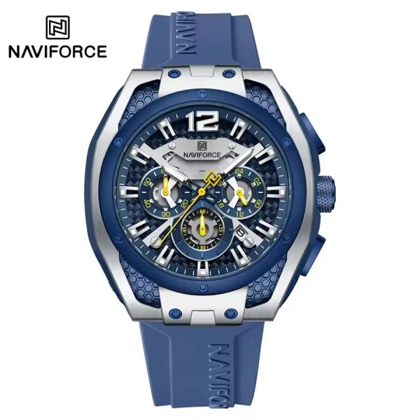 Front view of the NAVIFORCE NF8063 Men’s Quartz Chronograph Watch with a blue dial, silver case, and blue strap.