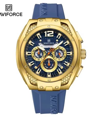 NAVIFORCE NF8063 men's chronograph watch with a gold-colored case, dark blue dial, and a matching blue silicone strap.