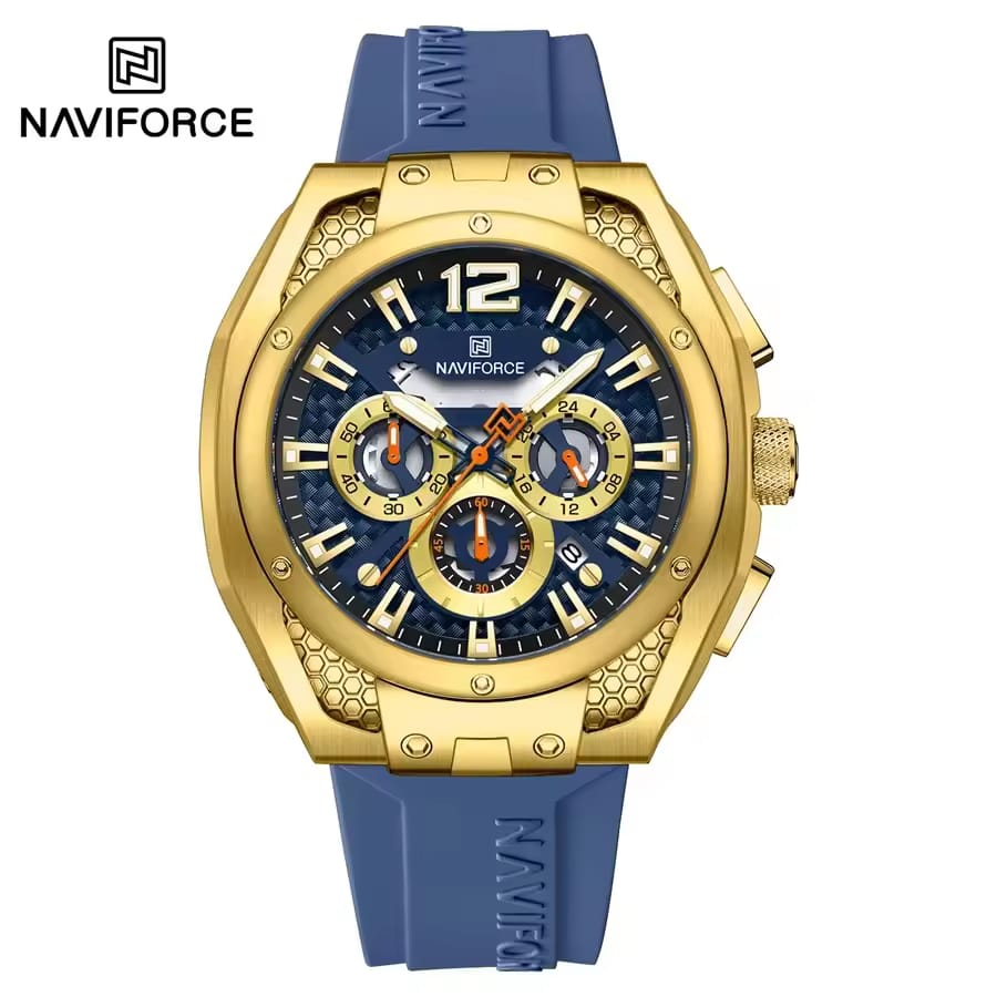 NAVIFORCE NF8063 men's chronograph watch with a gold-colored case, dark blue dial, and a matching blue silicone strap.
