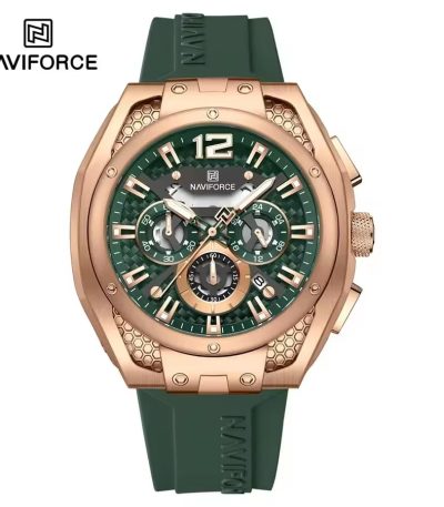 Front view of the NAVIFORCE NF8063 men's watch, showing its rose gold case, green chronograph dial, and matching green strap.