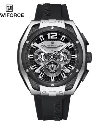 Front view of the NAVIFORCE NF8063 men's chronograph watch, featuring a silver and black case and a black silicone strap.