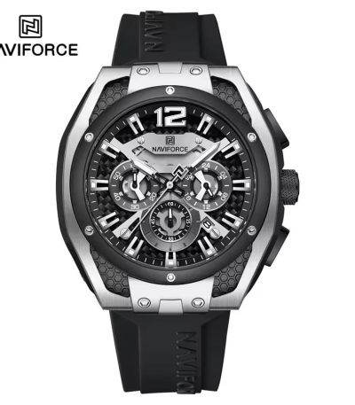 Front view of the NAVIFORCE NF8063 men's chronograph watch, featuring a silver and black case and a black silicone strap.