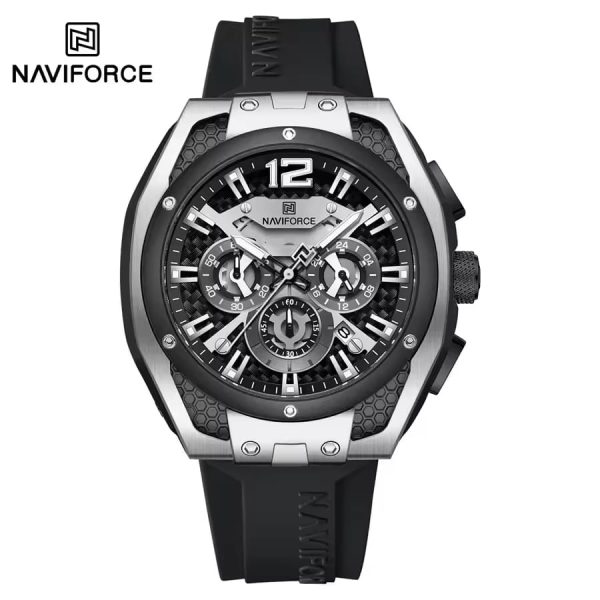 Front view of the NAVIFORCE NF8063 men's chronograph watch, featuring a silver and black case and a black silicone strap.