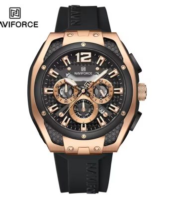 Front view of the NAVIFORCE NF8063 men's chronograph watch, featuring a rose gold and black case with a black silicone strap.