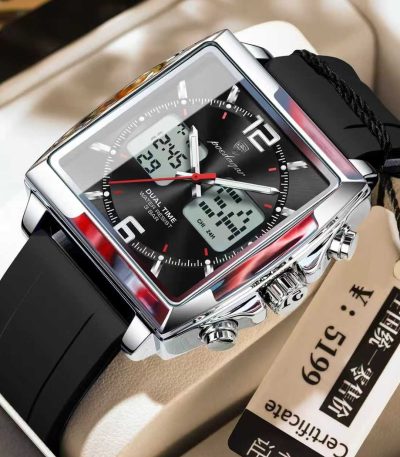 A POEDAGAR E109 dual time chronograph watch with a square silver-tone case, black dial, and black silicone strap shown at an angle.