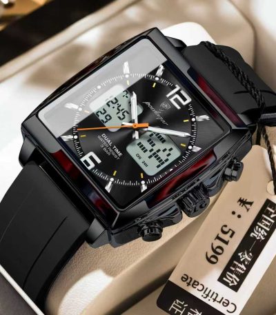 The POEDAGAR E109 Dual Time Chronograph Sports Watch shown at an angle, featuring its black square case and silicone strap.