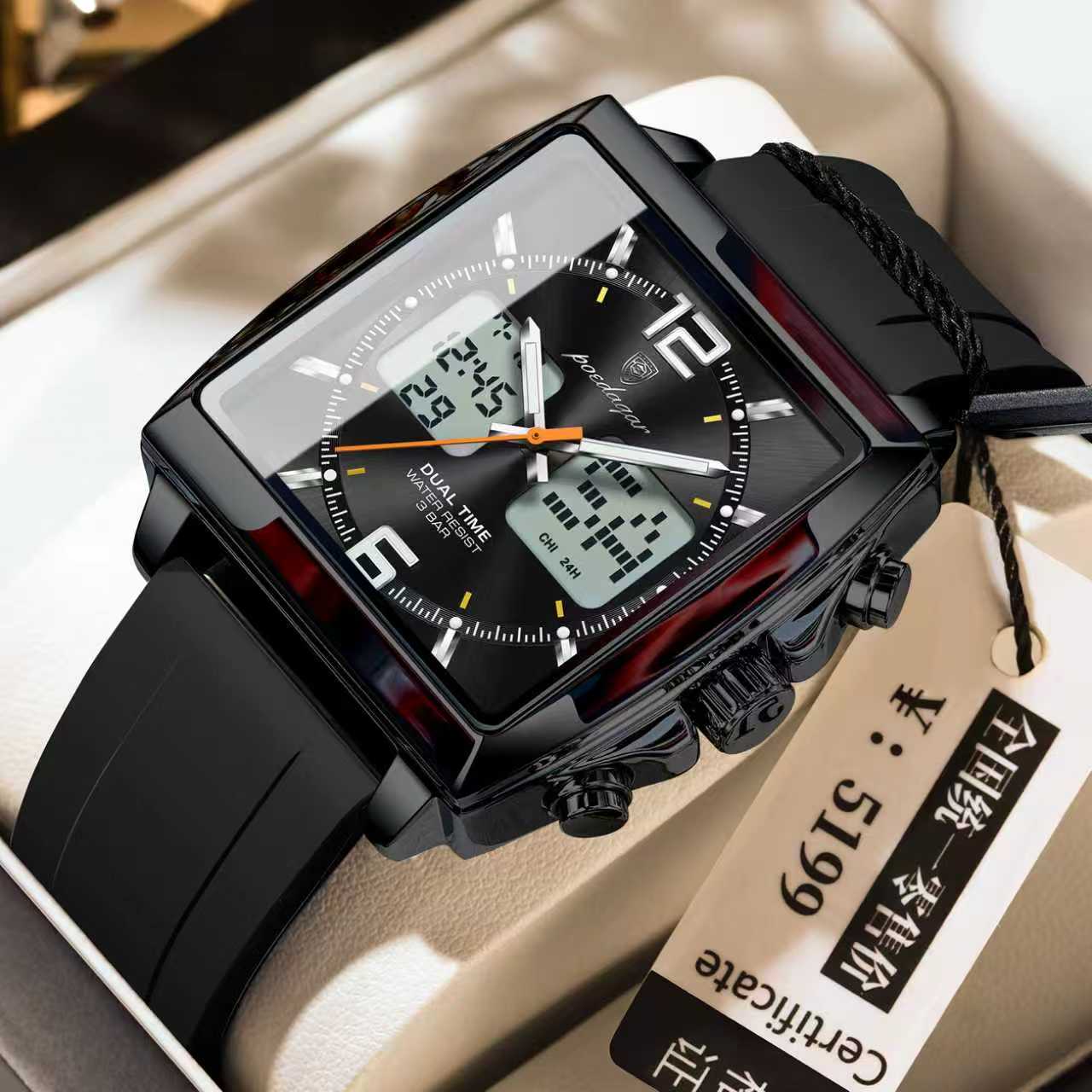 The POEDAGAR E109 Dual Time Chronograph Sports Watch shown at an angle, featuring its black square case and silicone strap.