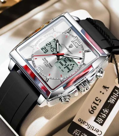 A POEDAGAR E109 Chronograph Dual Time Digital Watch with a square silver case, silver dial, and a black silicone strap.