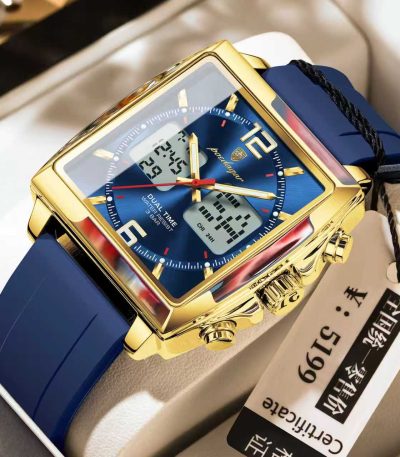 A close-up of the POEDAGAR E109 Chronograph Dual Time watch, featuring a square gold case and a blue dial with a blue strap.