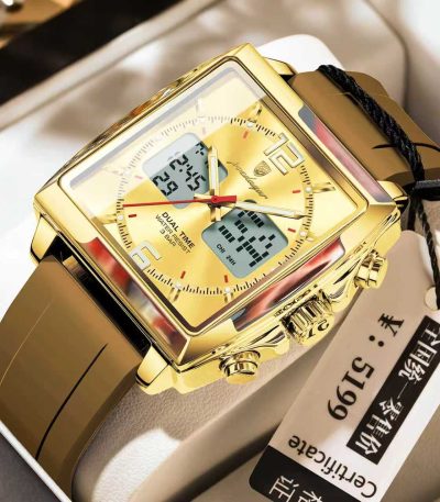 A POEDAGAR E109 watch with a square gold-colored case, a gold dial with analog and digital displays, and a brown strap.
