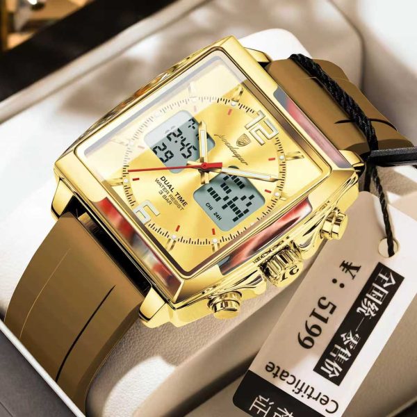 A POEDAGAR E109 watch with a square gold-colored case, a gold dial with analog and digital displays, and a brown strap.