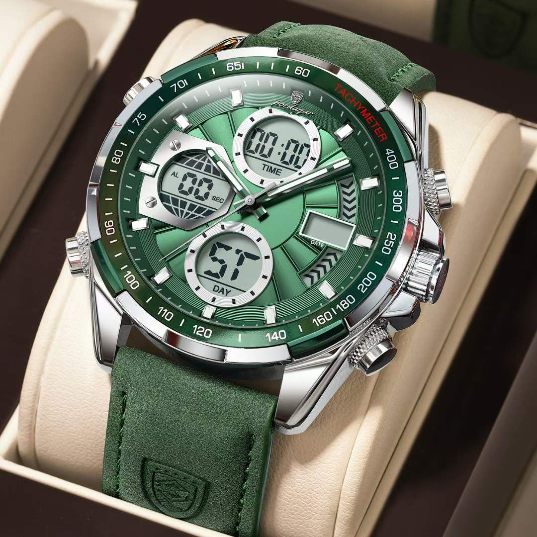 A close-up of the POEDAGAR E108 Analog-Digital Chronograph Men's Watch, showing its green dial and matching green strap.