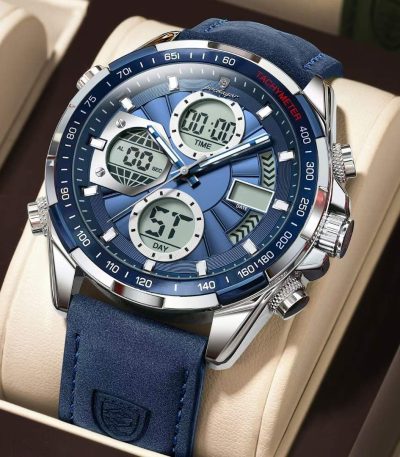 Close-up of the POEDAGAR E108 Men's Analog-Digital Chronograph Watch, showing its blue dial and blue leather strap.