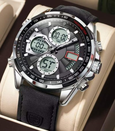 A POEDAGAR E108 analog-digital chronograph watch with a black leather strap resting in its presentation box.