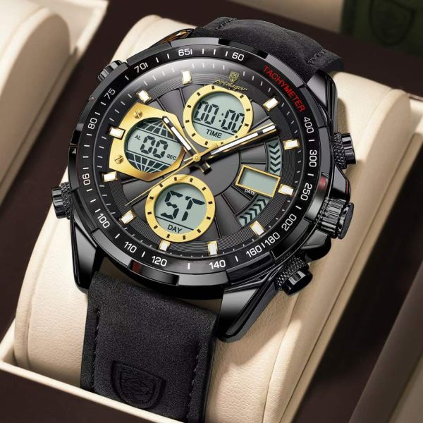A POEDAGAR E108 Analog-Digital Chronograph Watch with a black and gold face, black case, and a textured black strap.