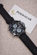 A POEDAGAR E108 analog-digital watch with a black leather strap and chronograph features, resting on a beige textured surface.