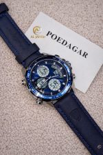 A POEDAGAR E108 men's analog-digital watch with a blue dial and blue leather strap, shown on a textured surface.