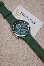 A POEDAGAR E108 analog-digital chronograph men's watch with a green dial and a matching green strap resting on a beige surface.