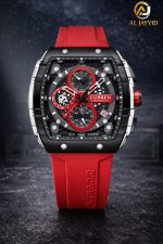 Front view of the CURREN 8442 Men's Chronograph Quartz Watch, featuring a black case, red details on the dial, and a red band.
