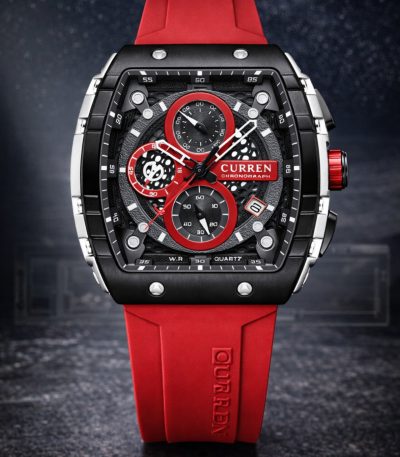 Front view of the CURREN 8442 Men's Chronograph Quartz Watch, featuring a black case, red details on the dial, and a red band.