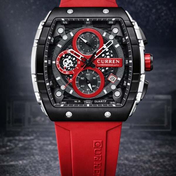 Front view of the CURREN 8442 Men's Chronograph Quartz Watch, featuring a black case, red details on the dial, and a red band.