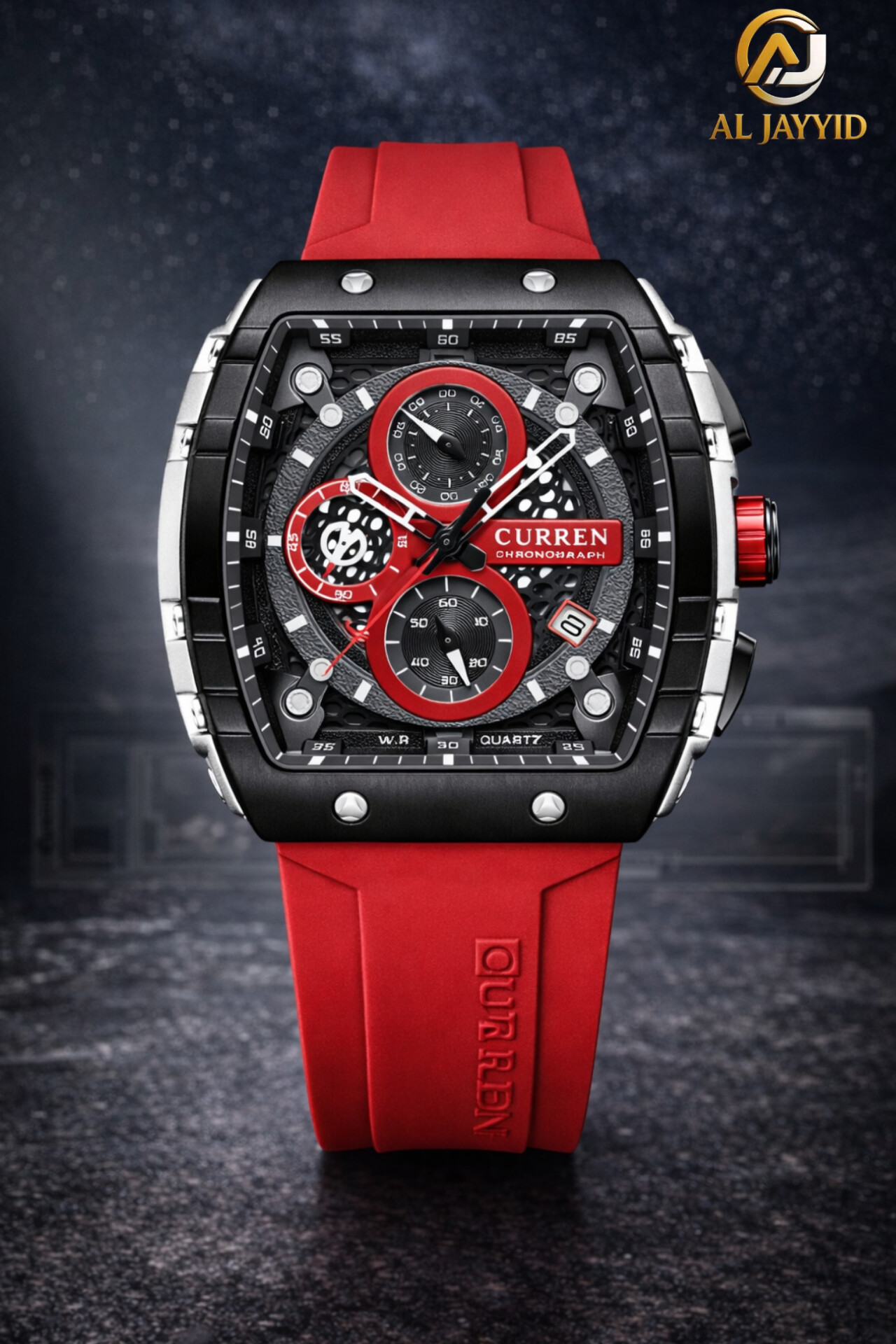 Front view of the CURREN 8442 Men's Chronograph Quartz Watch, featuring a black case, red details on the dial, and a red band.