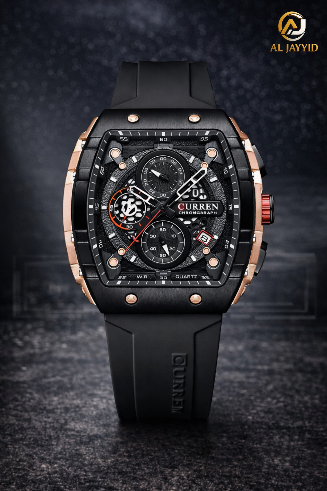 A CURREN 8442 chronograph men's watch shown upright. It features a black silicone band and a rose gold and black case.